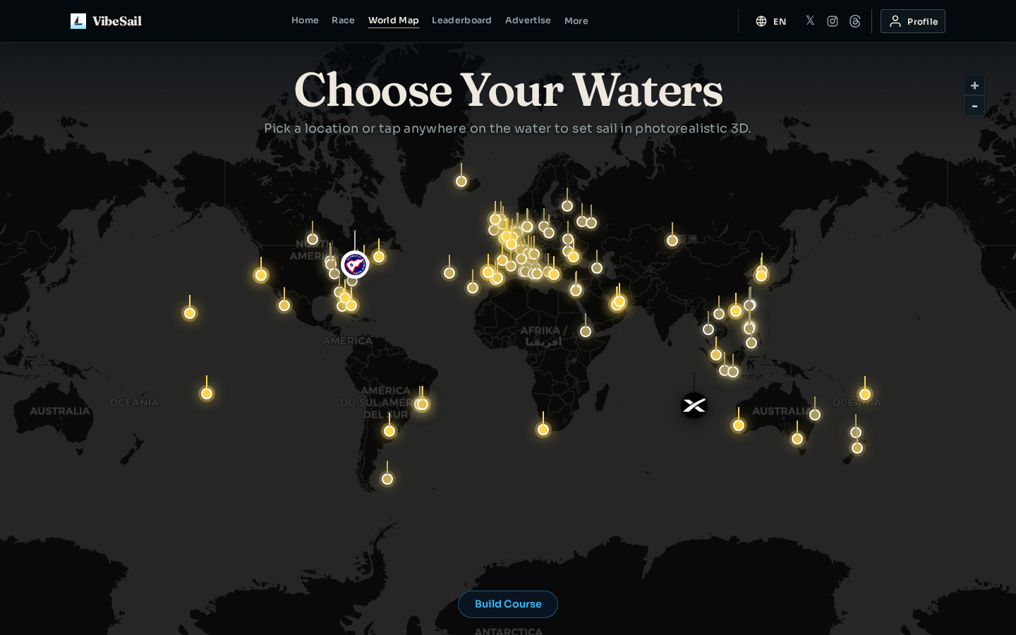 VibeSail World Map with yellow location pins and a Manhattan Sailing School branded marker